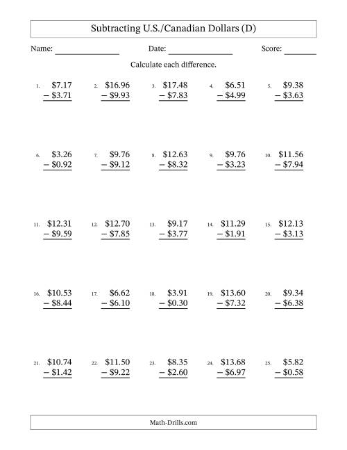 The Subtracting U.S./Canadian Dollars With Amounts from 0.01 to 9.99 in Increments of One Cent (D) Math Worksheet