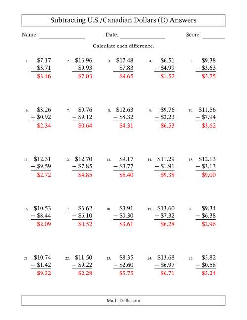 The Subtracting U.S./Canadian Dollars With Amounts from 0.01 to 9.99 in Increments of One Cent (D) Math Worksheet Page 2