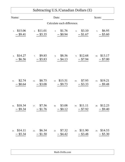 The Subtracting U.S./Canadian Dollars With Amounts from 0.01 to 9.99 in Increments of One Cent (E) Math Worksheet