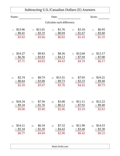 The Subtracting U.S./Canadian Dollars With Amounts from 0.01 to 9.99 in Increments of One Cent (E) Math Worksheet Page 2