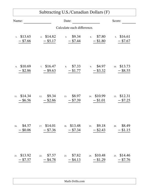 The Subtracting U.S./Canadian Dollars With Amounts from 0.01 to 9.99 in Increments of One Cent (F) Math Worksheet