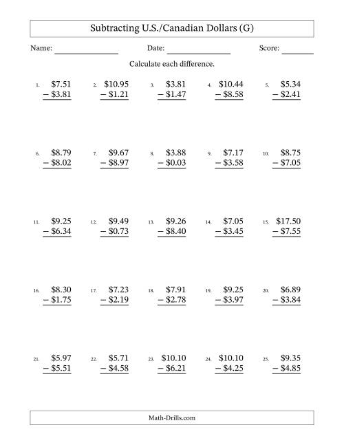 The Subtracting U.S./Canadian Dollars With Amounts from 0.01 to 9.99 in Increments of One Cent (G) Math Worksheet