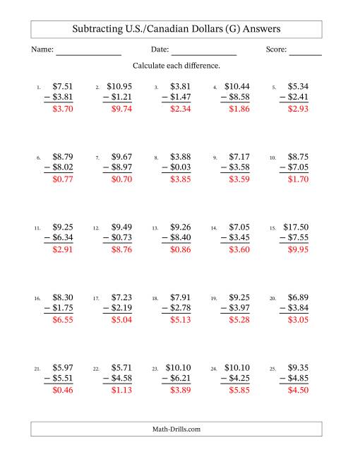 The Subtracting U.S./Canadian Dollars With Amounts from 0.01 to 9.99 in Increments of One Cent (G) Math Worksheet Page 2