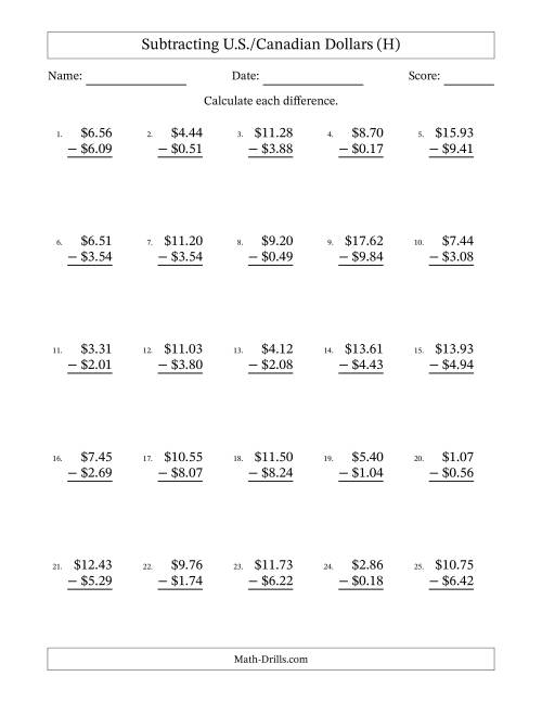 The Subtracting U.S./Canadian Dollars With Amounts from 0.01 to 9.99 in Increments of One Cent (H) Math Worksheet