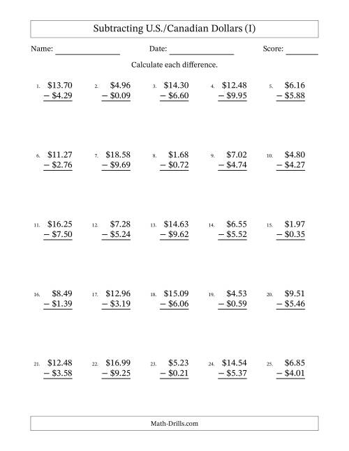 The Subtracting U.S./Canadian Dollars With Amounts from 0.01 to 9.99 in Increments of One Cent (I) Math Worksheet