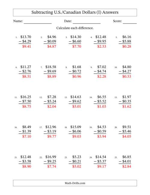 The Subtracting U.S./Canadian Dollars With Amounts from 0.01 to 9.99 in Increments of One Cent (I) Math Worksheet Page 2