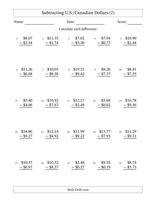 The Subtracting U.S./Canadian Dollars With Amounts from 0.01 to 9.99 in Increments of One Cent (J) Math Worksheet