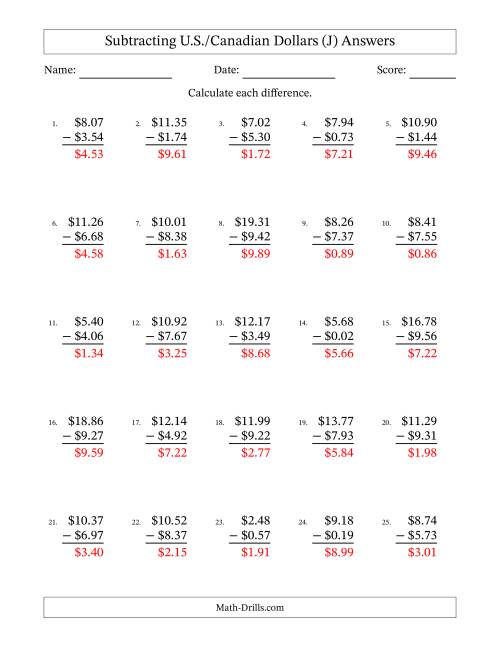 The Subtracting U.S./Canadian Dollars With Amounts from 0.01 to 9.99 in Increments of One Cent (J) Math Worksheet Page 2