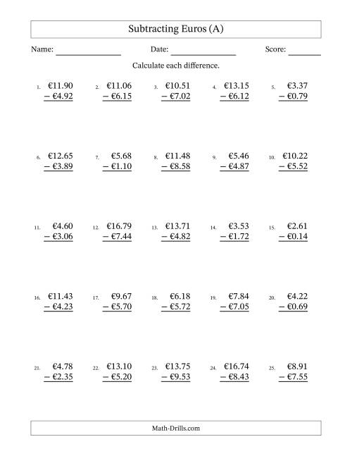 The Subtracting Euros With Amounts from 0.01 to 9.99 in Increments of One Euro Cent (A) Math Worksheet