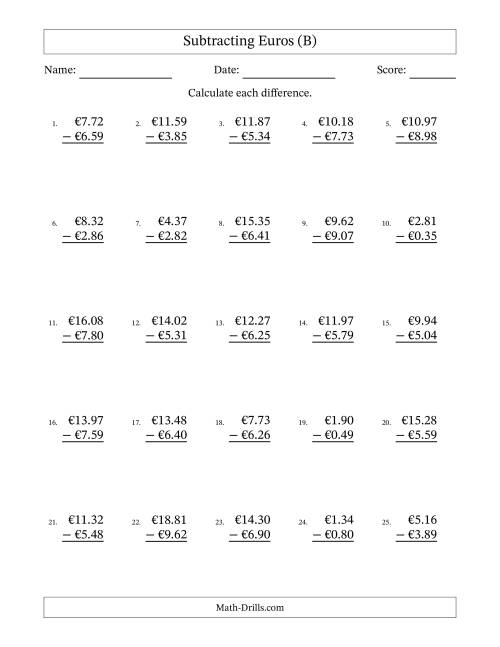 The Subtracting Euros With Amounts from 0.01 to 9.99 in Increments of One Euro Cent (B) Math Worksheet