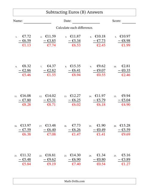 The Subtracting Euros With Amounts from 0.01 to 9.99 in Increments of One Euro Cent (B) Math Worksheet Page 2