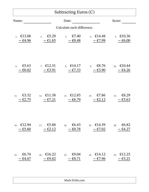 The Subtracting Euros With Amounts from 0.01 to 9.99 in Increments of One Euro Cent (C) Math Worksheet