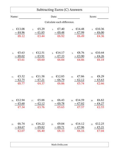 The Subtracting Euros With Amounts from 0.01 to 9.99 in Increments of One Euro Cent (C) Math Worksheet Page 2