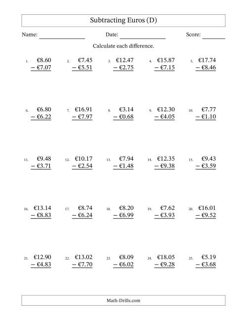 The Subtracting Euros With Amounts from 0.01 to 9.99 in Increments of One Euro Cent (D) Math Worksheet