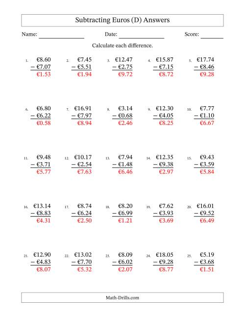 The Subtracting Euros With Amounts from 0.01 to 9.99 in Increments of One Euro Cent (D) Math Worksheet Page 2