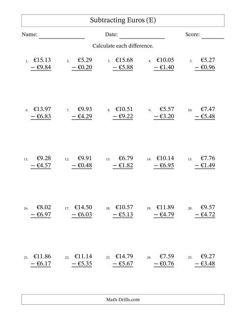 The Subtracting Euros With Amounts from 0.01 to 9.99 in Increments of One Euro Cent (E) Math Worksheet