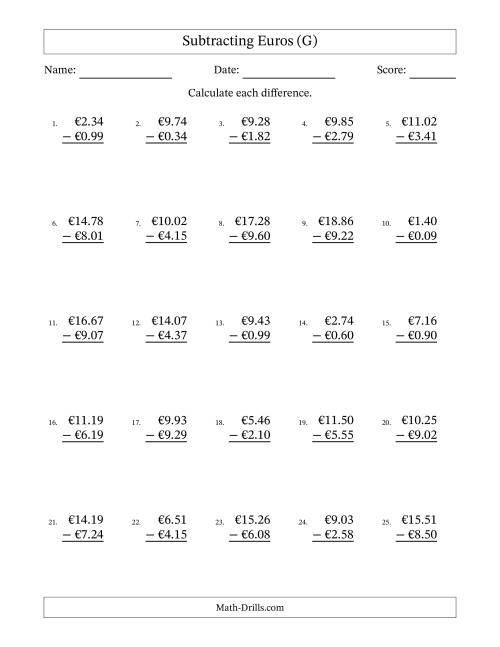 The Subtracting Euros With Amounts from 0.01 to 9.99 in Increments of One Euro Cent (G) Math Worksheet