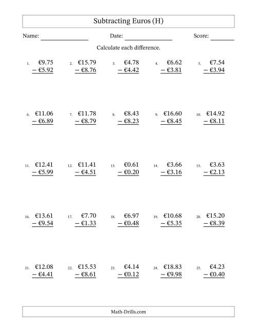 The Subtracting Euros With Amounts from 0.01 to 9.99 in Increments of One Euro Cent (H) Math Worksheet