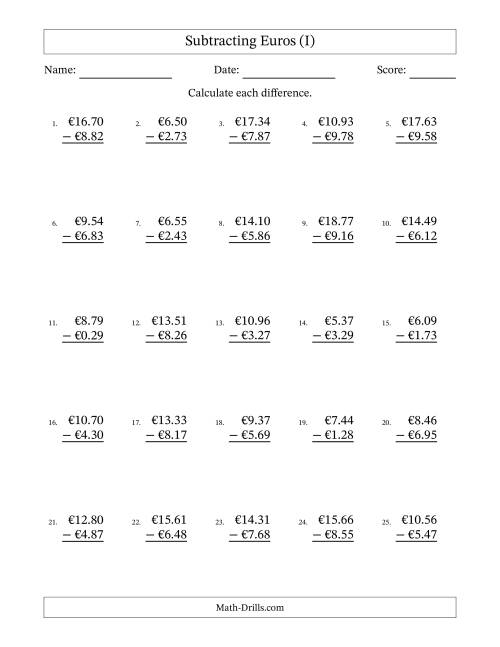 The Subtracting Euros With Amounts from 0.01 to 9.99 in Increments of One Euro Cent (I) Math Worksheet