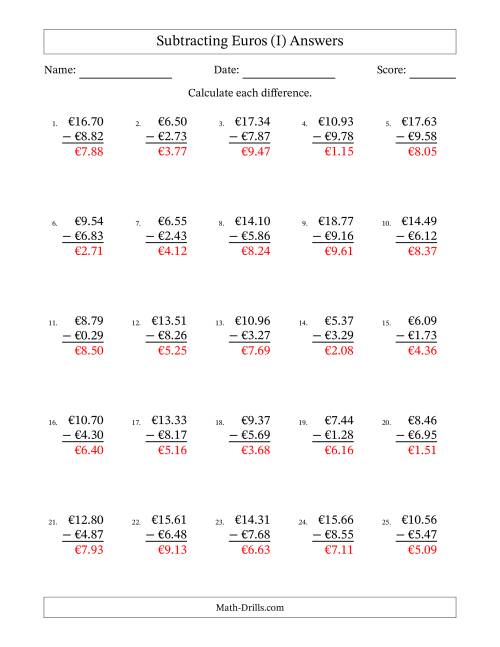 The Subtracting Euros With Amounts from 0.01 to 9.99 in Increments of One Euro Cent (I) Math Worksheet Page 2