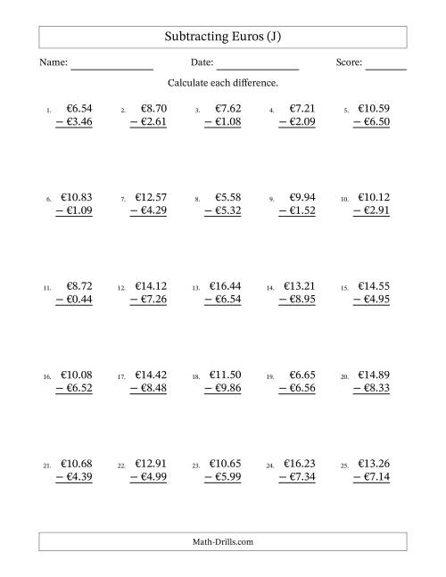 The Subtracting Euros With Amounts from 0.01 to 9.99 in Increments of One Euro Cent (J) Math Worksheet