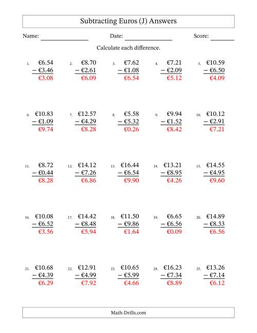 The Subtracting Euros With Amounts from 0.01 to 9.99 in Increments of One Euro Cent (J) Math Worksheet Page 2