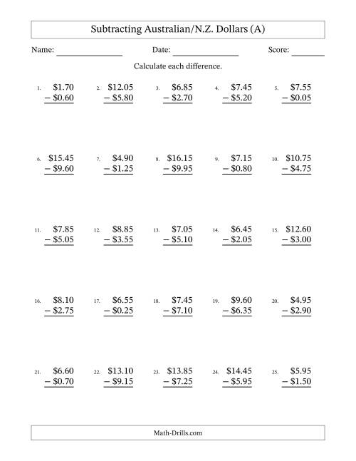 The Subtracting Australian/N.Z. Dollars With Amounts from 0.05 to 9.95 in Increments of Five Cents (A) Math Worksheet