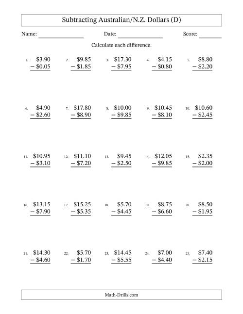 The Subtracting Australian/N.Z. Dollars With Amounts from 0.05 to 9.95 in Increments of Five Cents (D) Math Worksheet