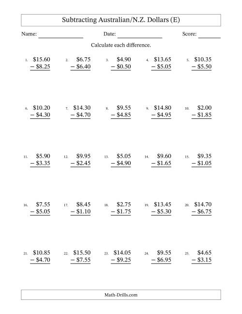 The Subtracting Australian/N.Z. Dollars With Amounts from 0.05 to 9.95 in Increments of Five Cents (E) Math Worksheet