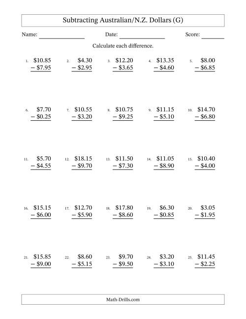 The Subtracting Australian/N.Z. Dollars With Amounts from 0.05 to 9.95 in Increments of Five Cents (G) Math Worksheet