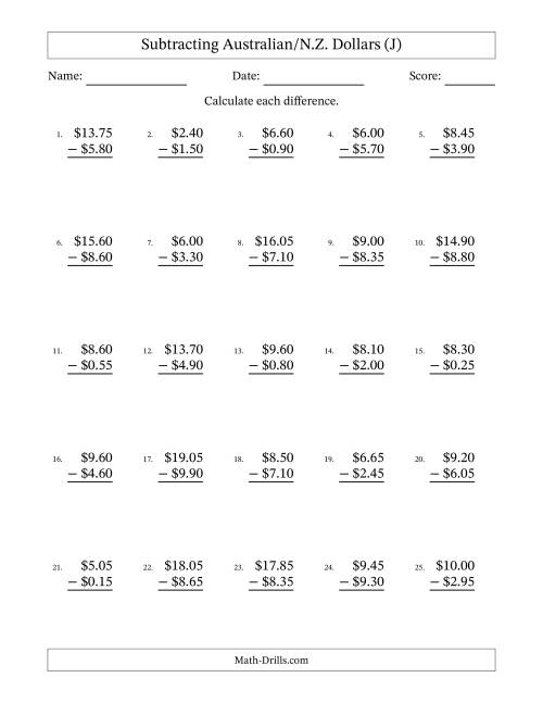 The Subtracting Australian/N.Z. Dollars With Amounts from 0.05 to 9.95 in Increments of Five Cents (J) Math Worksheet