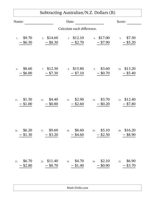 The Subtracting Australian/N.Z. Dollars With Amounts from 0.10 to 9.90 in Increments of Ten Cents (B) Math Worksheet