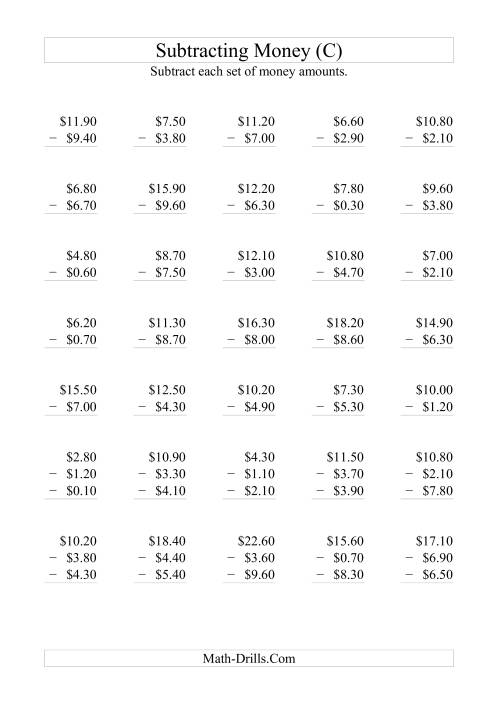 The Subtracting Australian Dollars (Increments of 10 cents) (C) Math Worksheet