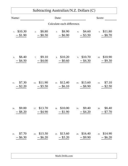 The Subtracting Australian/N.Z. Dollars With Amounts from 0.10 to 9.90 in Increments of Ten Cents (C) Math Worksheet