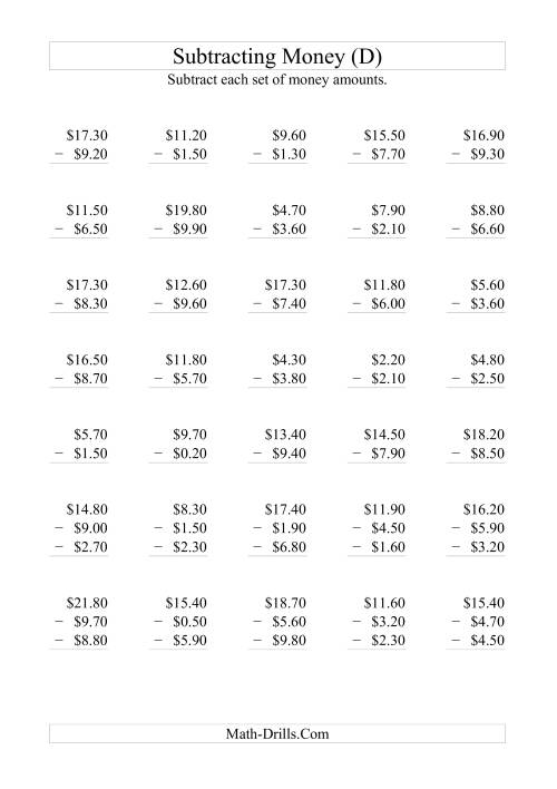 The Subtracting Australian Dollars (Increments of 10 cents) (D) Math Worksheet