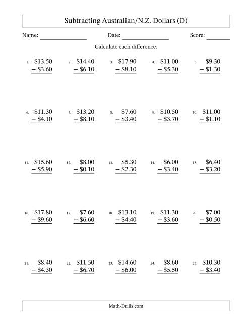 The Subtracting Australian/N.Z. Dollars With Amounts from 0.10 to 9.90 in Increments of Ten Cents (D) Math Worksheet