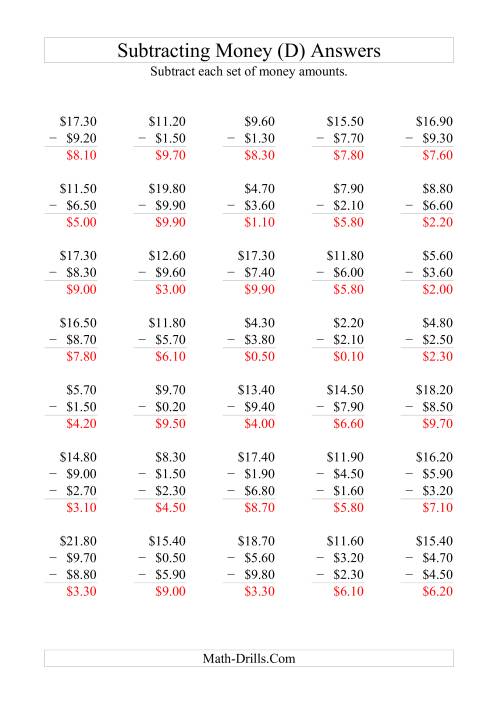 The Subtracting Australian Dollars (Increments of 10 cents) (D) Math Worksheet Page 2