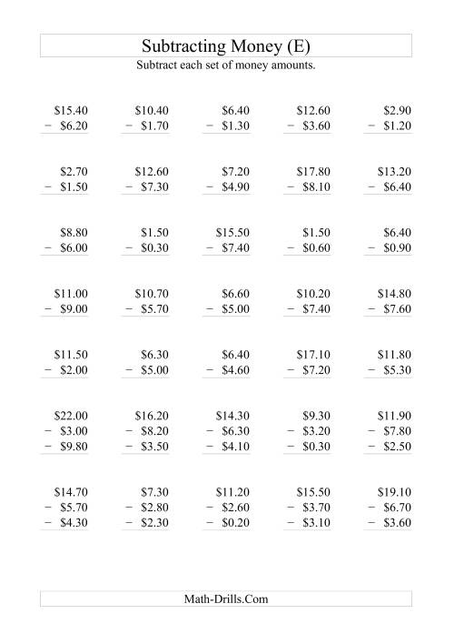 The Subtracting Australian Dollars (Increments of 10 cents) (E) Math Worksheet
