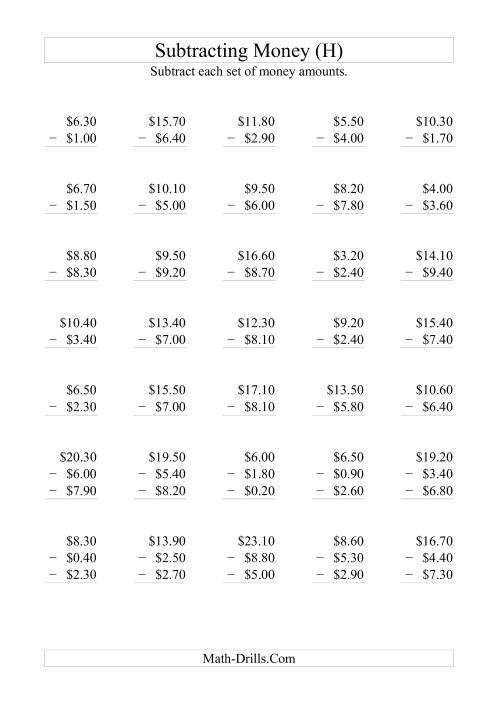 The Subtracting Australian Dollars (Increments of 10 cents) (H) Math Worksheet