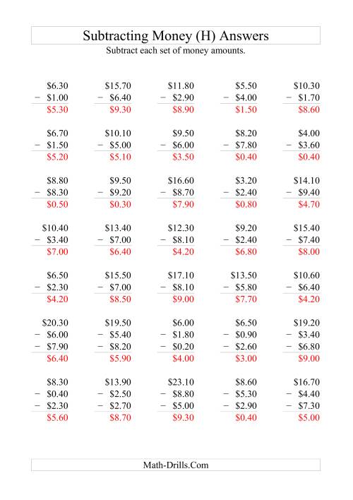 The Subtracting Australian Dollars (Increments of 10 cents) (H) Math Worksheet Page 2