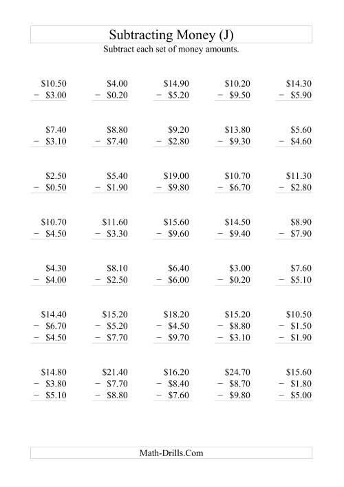 The Subtracting Australian Dollars (Increments of 10 cents) (J) Math Worksheet