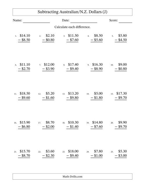 The Subtracting Australian/N.Z. Dollars With Amounts from 0.10 to 9.90 in Increments of Ten Cents (J) Math Worksheet