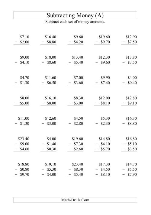 The Subtracting Australian Dollars (Increments of 10 cents) (All) Math Worksheet