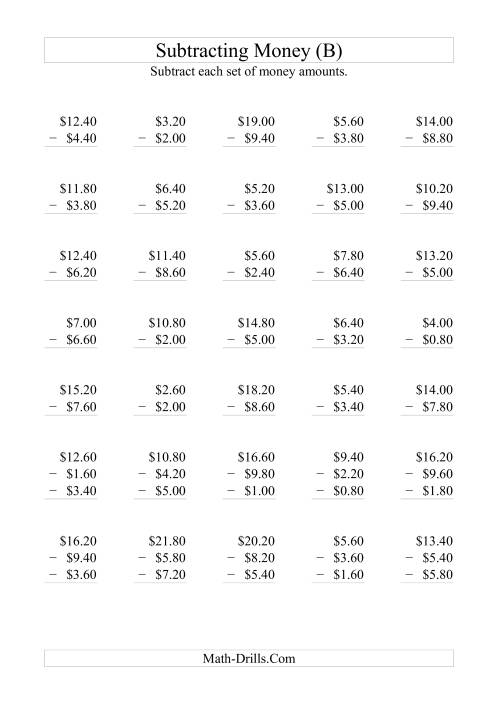 The Subtracting Australian Dollars (Increments of 20 cents) (B) Math Worksheet