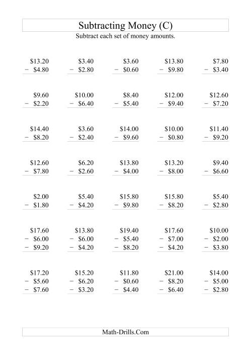 The Subtracting Australian Dollars (Increments of 20 cents) (C) Math Worksheet