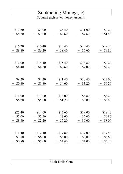 The Subtracting Australian Dollars (Increments of 20 cents) (D) Math Worksheet