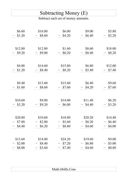 The Subtracting Australian Dollars (Increments of 20 cents) (E) Math Worksheet
