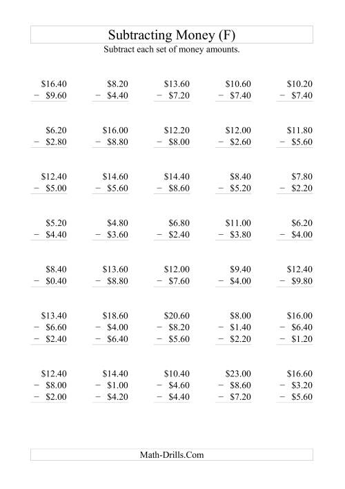 The Subtracting Australian Dollars (Increments of 20 cents) (F) Math Worksheet