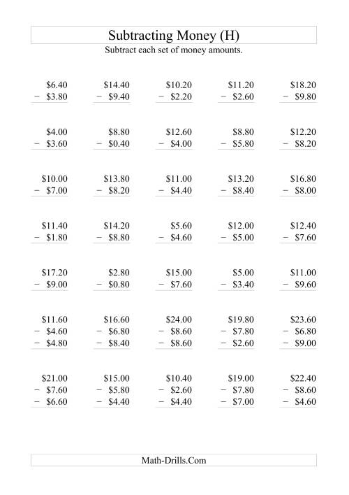 The Subtracting Australian Dollars (Increments of 20 cents) (H) Math Worksheet