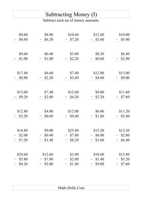 The Subtracting Australian Dollars (Increments of 20 cents) (I) Math Worksheet